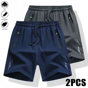 Men’s summer drawstring casual shorts, 2-pack, featuring zippered pockets and made from breathable quick-dry fabric—ideal for outdoor sports, running, hiking, and more; an ideal gift for sports enthusiasts. run Solid Color Zipper daily
