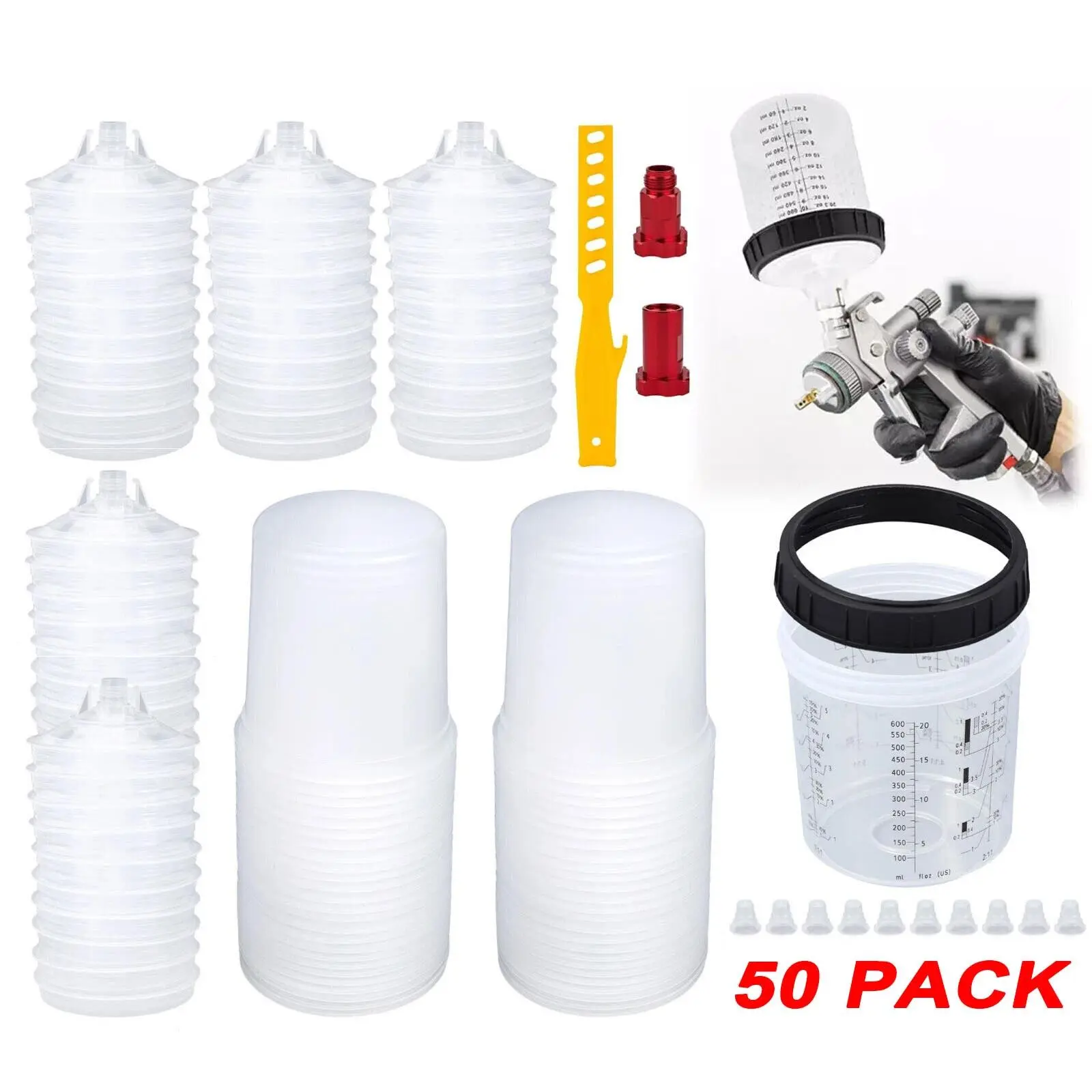 PPS Disposable Paint Spray Gun Cup Liners & Lid System 50 Pack, 125/190 Micron Strainer, Reusable Hard Cup, Sealing Plugs, Compatible with Original PPS Adapters