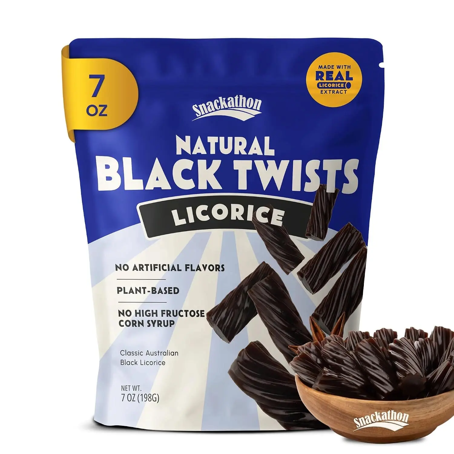 Snackathon Australian Licorice Candy, Natural Black Twists, Resealable Bag, Soft & Chewy Classic Gourmet Treat for Parties, Candy Bowls & Snacking, Made in Australia