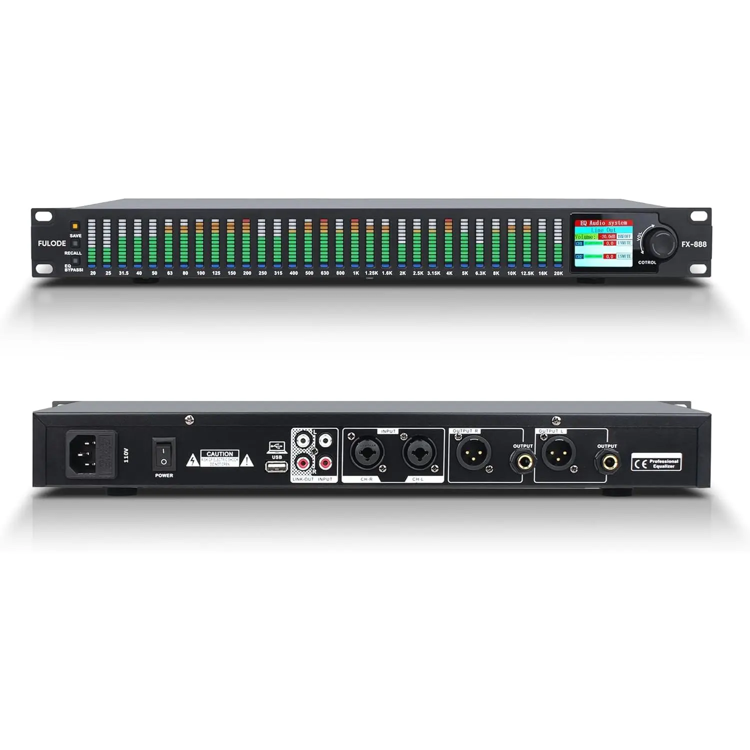 FX-888 Dual Channel Synchronized Control 31-Band Digital Equalizer Stereo Graphic EQ Noise Reduction with LED Spectrum Display and Large Screen