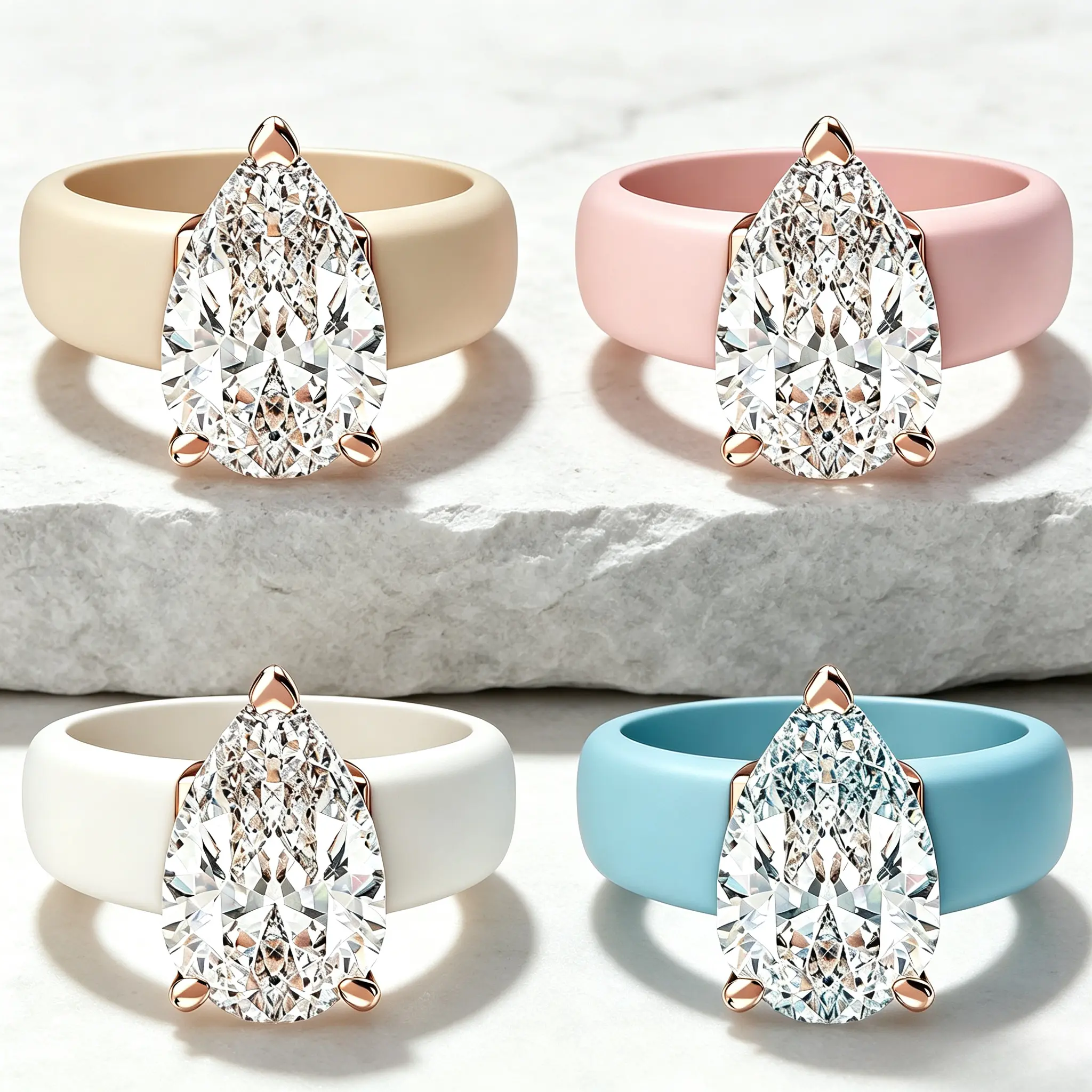 Women's Silicone Sport Wedding Band with Large Water Drop Cubic Zirconia Stone, Rose Gold Prong Setting, Comfortable Anti-Allergy Jewelry