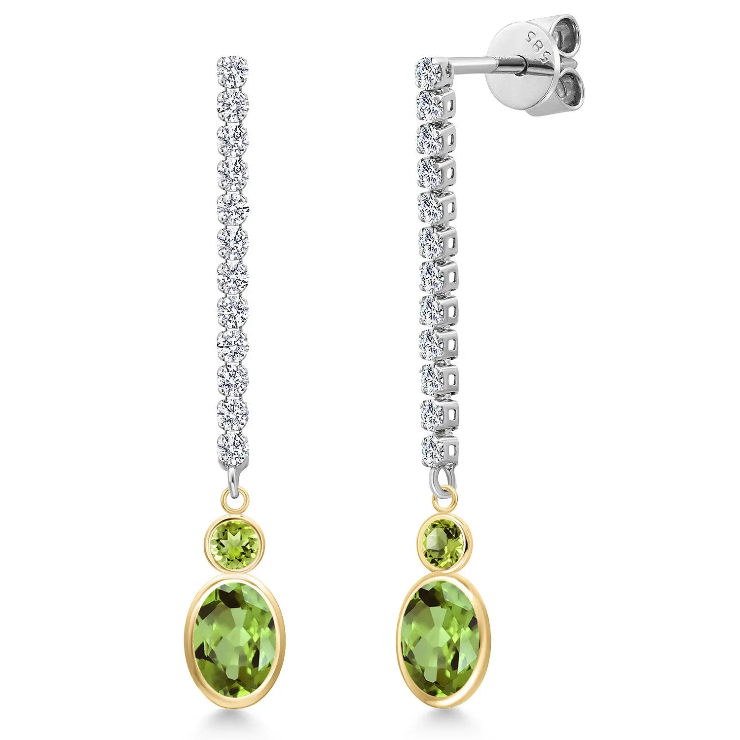 14K Two Tone Gold Green Peridot and Lab Grown Diamond Dangle Earrings for Women | 2.52 Cttw | Gemstone August Birthstone | Oval 7X5MM