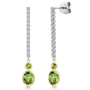 14K Two Tone Gold Green Peridot and Lab Grown Diamond Dangle Earrings for Women | 2.52 Cttw | Gemstone August Birthstone | Oval 7X5MM