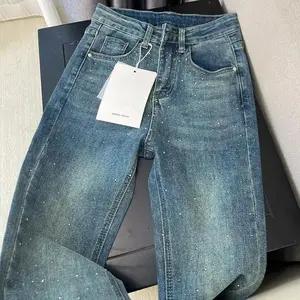 Retro Washed Diamond-encrusted Jeans  Spring Design Sense High-waisted Straight-leg Pants Loose Wide-leg Mopping Pants