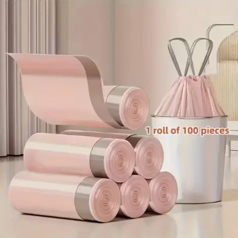 100 Thick Drawstring Trash Bags, Durable PE Plastic Garbage Bags for Kitchen, Bathroom, Bedroom & Living Room, Easy Seal, Leak-Proof Household Garbage Bags, Pieces, Roll