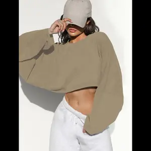 Women's Plain Batwing Sleeve Crop Sweatshirt Tops, Street Casual Drop Shoulder Round Neck Long Sleeve Batwing Sweatshirt for Fall, Fall Outfits, Ladies Clothes for Daily Back To School Wear