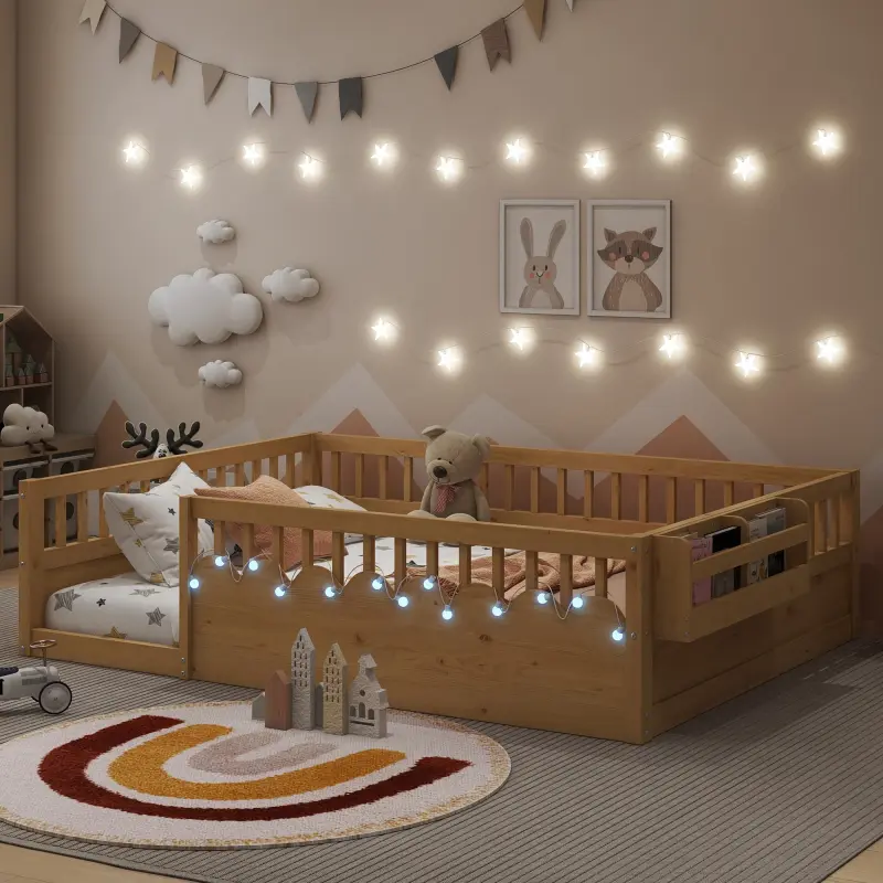 Full Size Montessori Floor Bed Frame with High Rails, Wood Floor Beds with Light and Storage Bookshelf