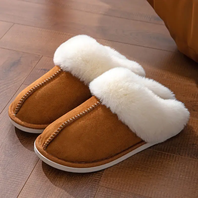 Unisex Home Bathroom Slippers, Warm Winter Plain Fabric Slip-Ons with a Cozy Fleece Lining, Round Toe and Non-Slip Thick EVA Sole