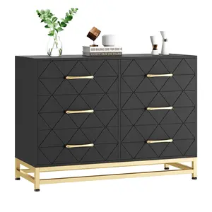 【Christmas Gift】Black 6 Drawer Dresser for Bedroom, Modern Wood Dresser with Wide Drawers and Metal Handles, Storage Chest of Drawers for Living Room Hallway Entryway