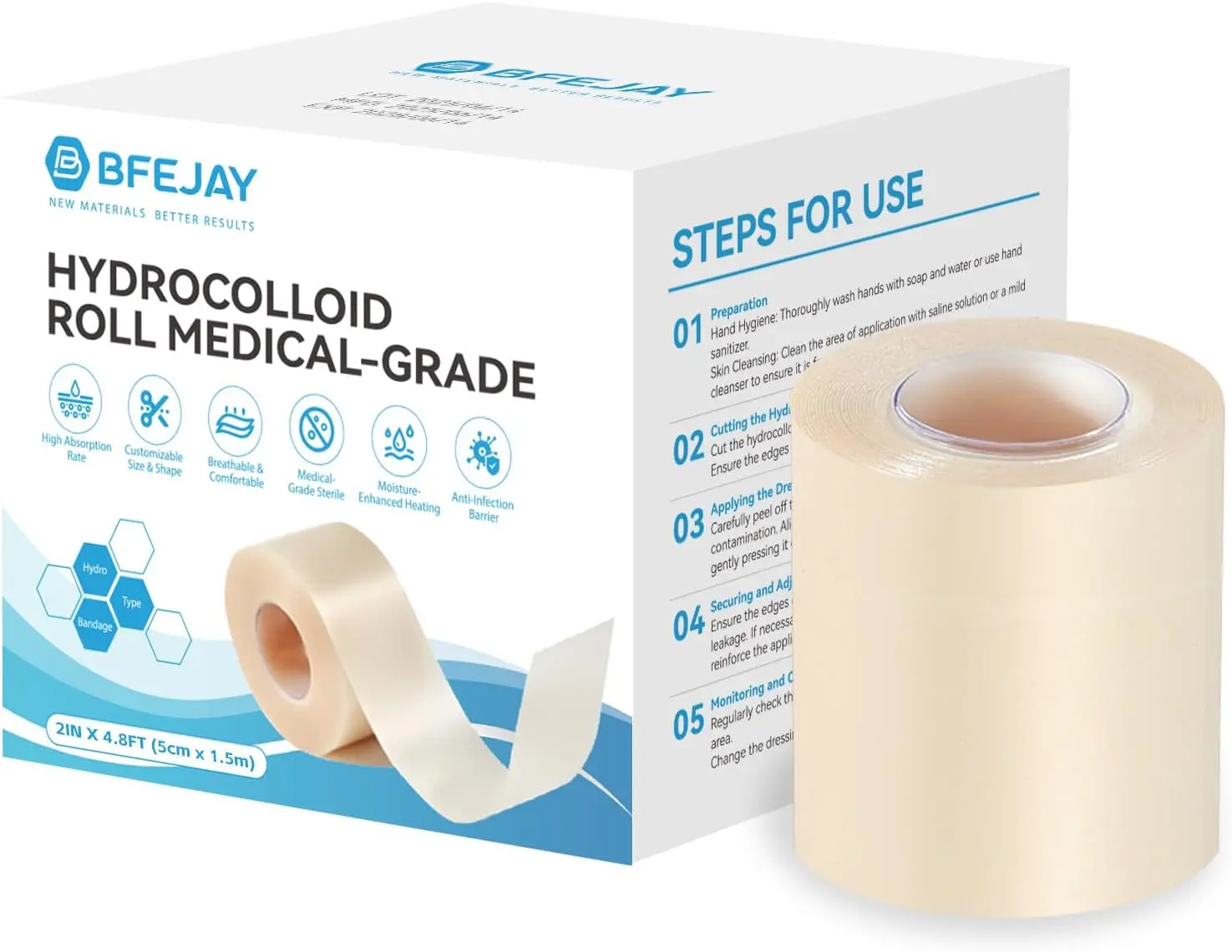 VeoCare Large Flexible Hydrocolloid Bandage Roll, Medical-Grade Hydrocolloid Roll with Self-Adhesive, Ultra Absorbent, Flexible & Waterproof, Cut-To-Size First Aid Kit Essential (2In*4.8Ft) BFEJAY