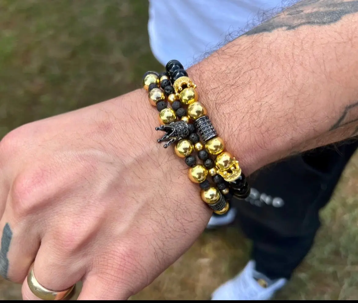 Royal Guardian Bracelet Set – Black Obsidian, Gold Hematite & Lava Stone (3-Piece Set)