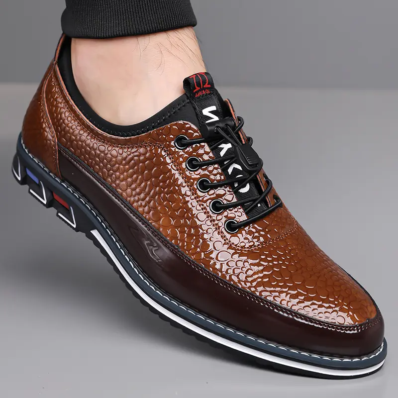 Men's Dress Casual Low Top Trainers - No-Tie Slip-On Shoes, Embossed Leather Upper, Lightweight Cushioning, Breathable Lining, Grippy Non-Slip Rubber Outsole, Athletic Footwear
