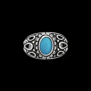 925 Sterling Silver Diamond Cut Oval Turquoise Cabochon Ring, Abstract Beaded Teardrop Design, Solitaire Gemstone Band, Handmade Jewelry (7.5)