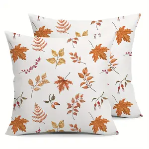 Set of 2 Autumn Leaf & Berry Cushion Covers, Vibrant Leaves Design, Perfect for Thanksgiving Fall Decorations, Cushion Slipcovers