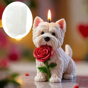 Fluffy Dog Shaped Aromatherapy Candle Silicone Mold with Rose, DIY Candle Making Tools for Resin and Concrete Crafts, Unique Home Decor Gift