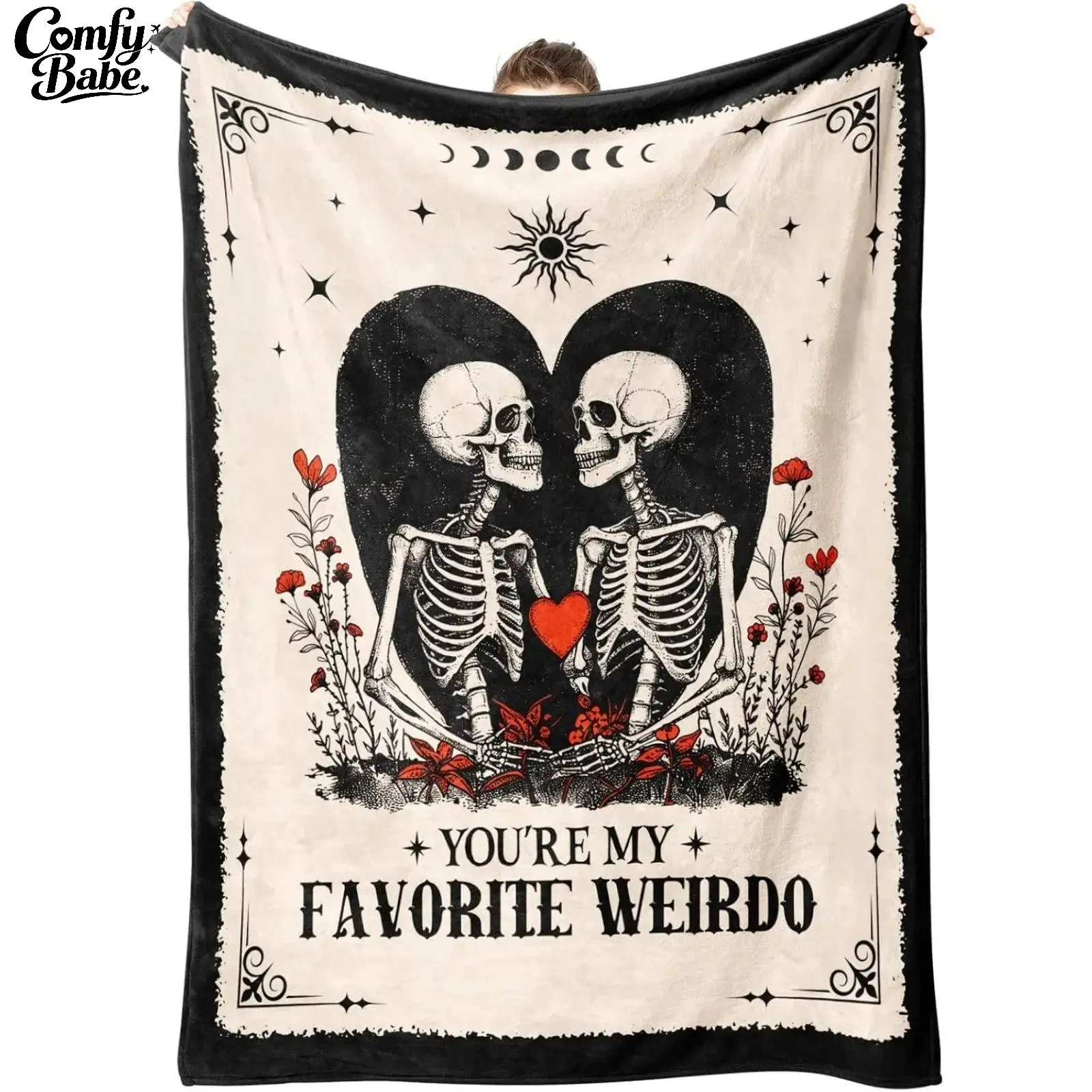 Gothic Theme Fleece Throw Blanket - Flannel Fabric, Skeleton Couple Print, Gothic Tarot Design, Stain Resistant, "You're My Favorite Weirdo" Quote, Multi-Size 1-Piece Romantic Valentine's Gift, Room Decor, Bedroom Decor Ideas