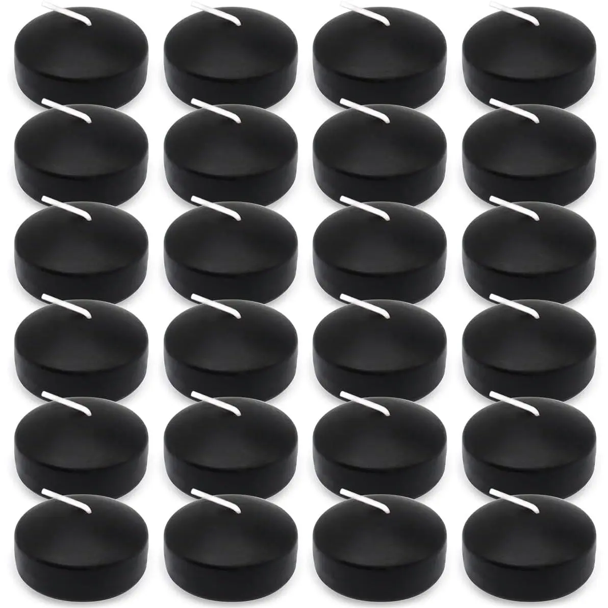 24-Pack 2-Inch Unscented Black Floating Dripless Wax Candles, 6-Hour Burn Time, for Cylinder Vase Centerpiece Decor at Weddings, Pools, Holidays