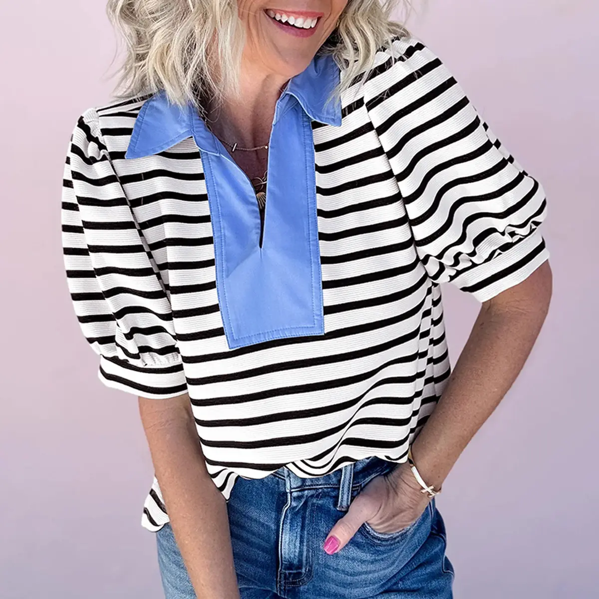 Polo Blouse for Women, Casual Striped Color Block Top with Short Puff Sleeves and a Basic Fitted Cut, Jeans, Statement