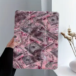 Pink Glitter Money Aesthetic iPad Case, Luxury Y2K Dollar Print Protective Cover Auto Wake/Sleep, Anti-Drop Scratch-Resistant, Transparent Acrylic Back, Fits iPad 10.2/10.9/11/13 inch, Shock-resistant Full Cover Suitable for Offices Schools and Homes
