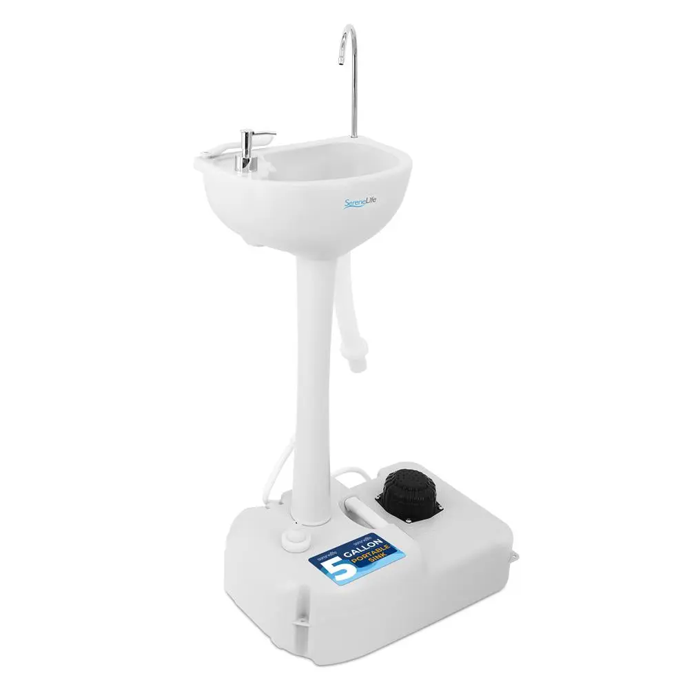 Unisex Freestanding Portable Outdoor Foot Pump Hand Washing Station, 19L (5+ Gallons) Water Tank, 3L Soap Dispenser, Drain Hose, Towel Holder, Wheels, Ground Fixable, Built-In Carry Handle, Transportable When Filled - For Camping, Worksites