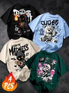 Men's American Street Graffiti Print T-Shirt Set, Classic Round Neck, Loose Fit, Long Sleeve, Trendy Artistic Style, 4 Pieces