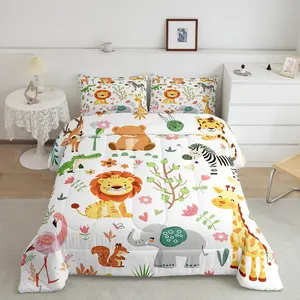 Cartoon Lions Giraffe Comforter Set,Zoo Animals Bedding Set,Flamingo Zebra Comforter,Kawaii Animals Duvet Insert