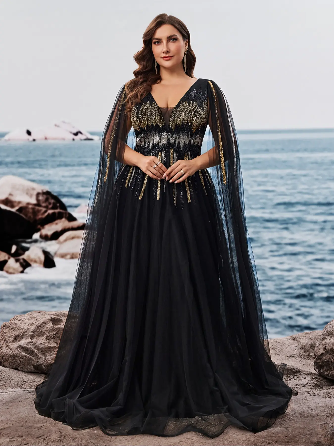 green emerald velvet dress LaDivine 7475C Plus Size Formal Long Sleeve Satin Dress – The Dress Outlet main image 0