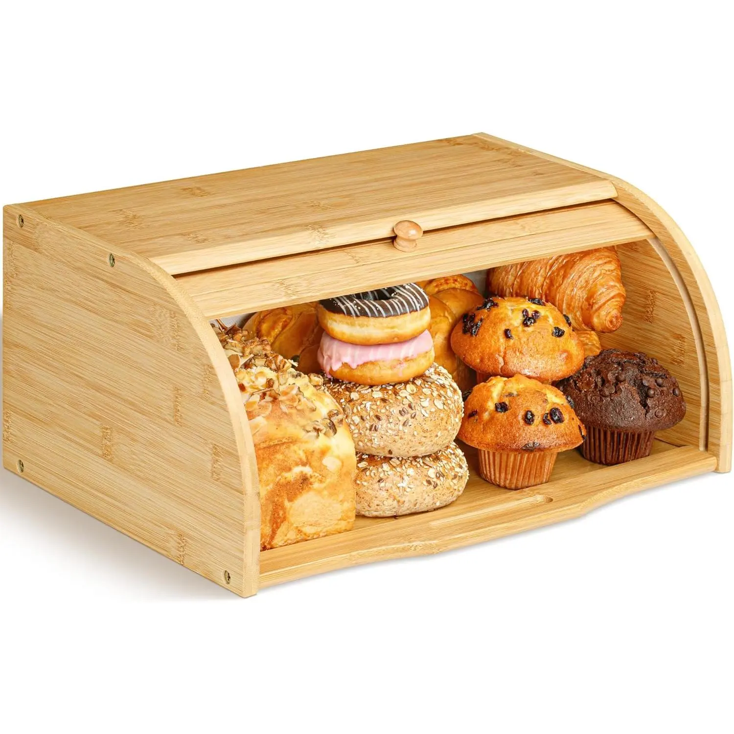 Golden Nature Bamboo Bread Box for Kitchen Countertop, Available in Single and Double Layer with Pull Out Cutting Board and Crumb Tray, Large Wooden Bread Storage Container Keeps Bread Fresh