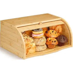 Golden Nature Bamboo Bread Box for Kitchen Countertop - Large Wooden Food Storage Keeper with Rolling Lid for Bread, Bagels, Muffins, Cookies and Cupcakes