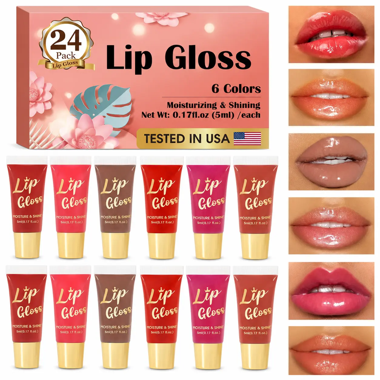 24 Pack Lip Gloss Set, Color Lip Oil for Dry Cracked Lips Moisturizing Hydrating Nourishing with Vitamin E