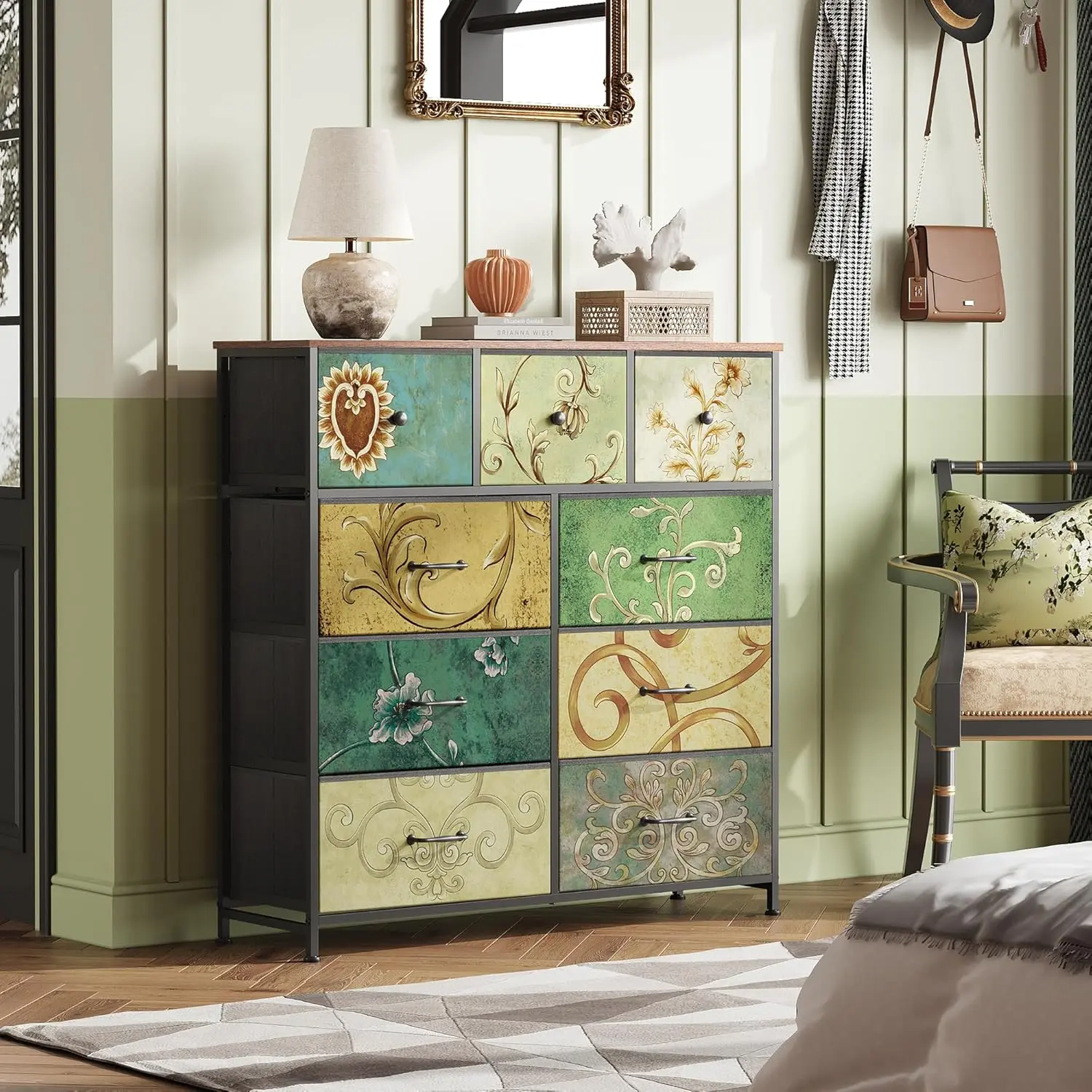 WLIVE 9-Drawer Dresser, Fabric Storage Tower for Bedroom, Hallway, Closet, Tall Chest Organizer Unit for Bedroom with Fabric Bins, Steel Frame, Wood Top, Easy Pull Handle