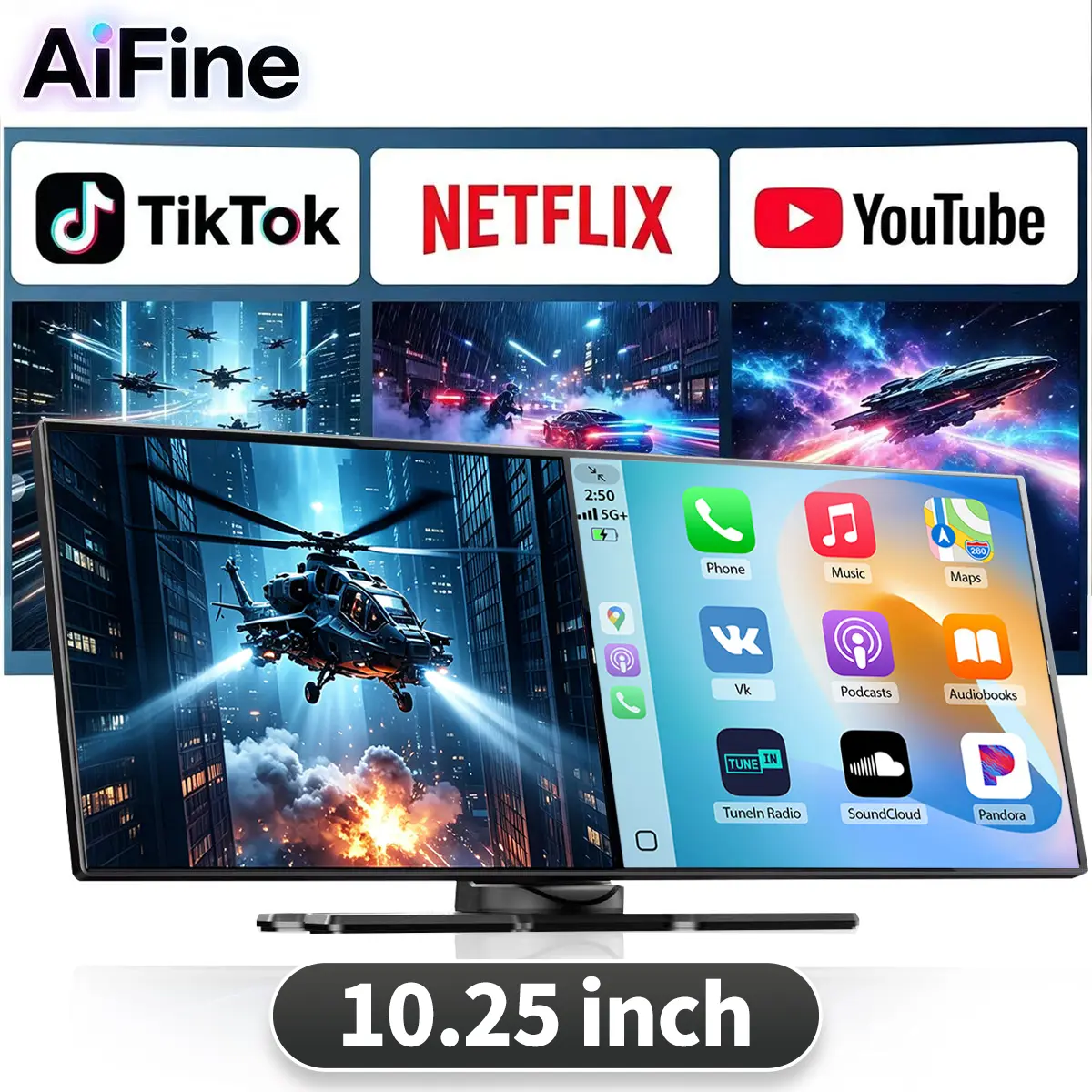 【SummerFinds】AiFine 10.25-inch CarPlay screen - Supports Netflix,TikTok,and YouTube Apps, Split-Screen App Usage, 1080P Backup Camera Support, Navigation, and Voice Assistant. Compatible with iOS 10+ and Android 11+