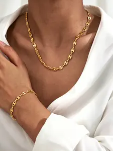 Women's Stainless Steel Necklace & Bracelet Set, Casual Plain Design Jewelry, Versatile All-Season Accessory for Women