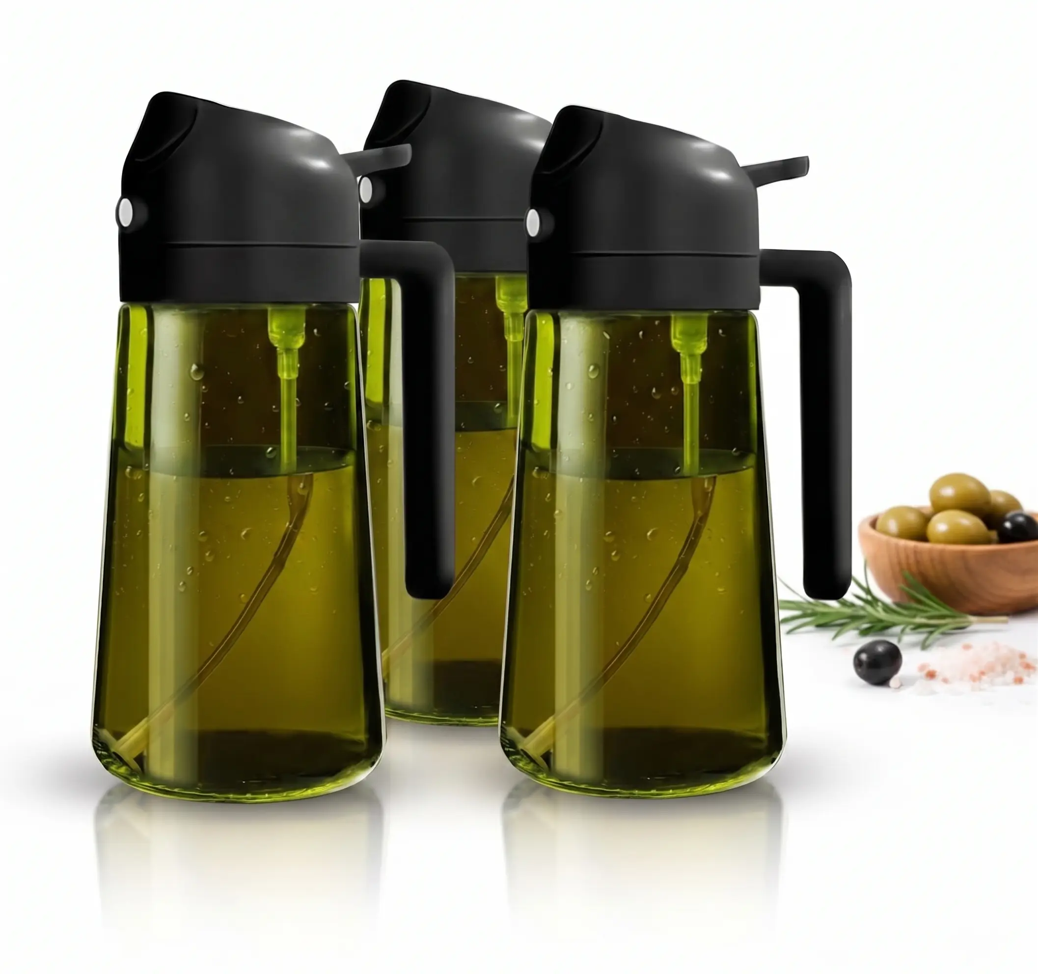 3-Pack Dark Green 2-in-1 Durable Glass Oil Sprayer Set with Kitchen Organizer Tin - 16oz/470ml Light Blocking Kitchen Gadgets, Refillable Storage Bottles for Air Fryer, Daily Use & BBQs
