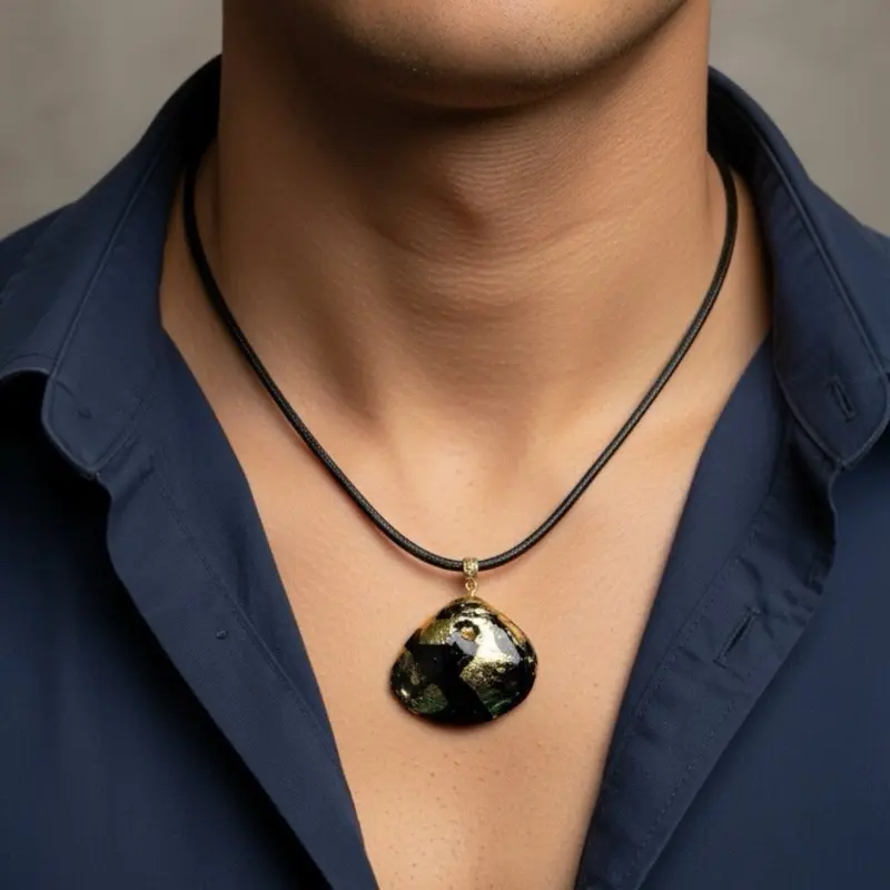 Elegant Black Leather Necklace with Unique Earth Tone Pendant for Men and Women