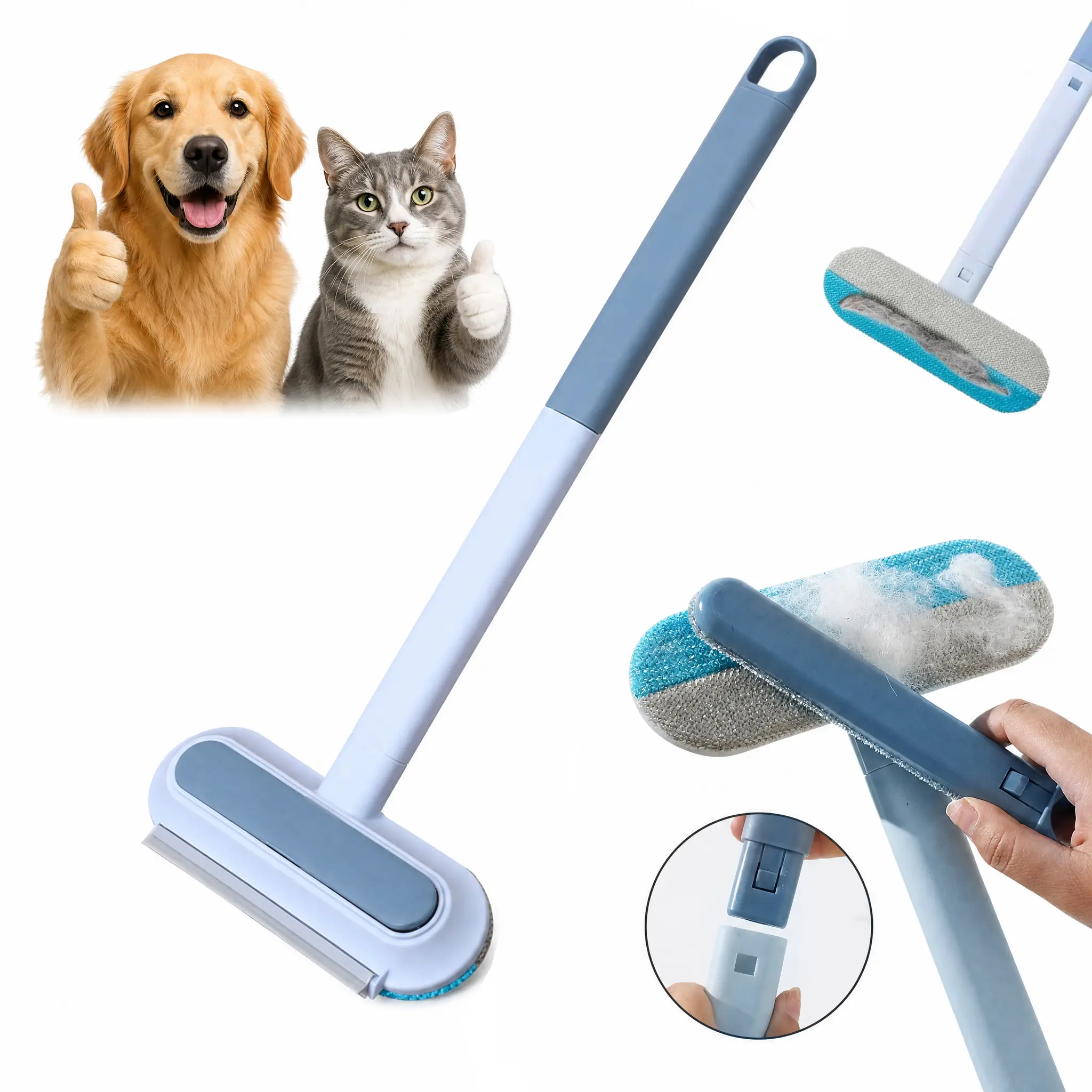 Extra Long Handle Pet Hair Remover Brush - 4 in 1 Reusable  for Furniture, Bedding, Clothes & Car Interiors furremoval hair removal tool multifunctional lint cleaner