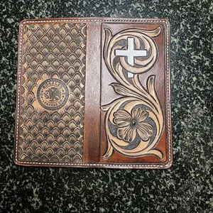 Handmade and Hand Tooled Leather Long Wallet with Floral Carving and Cross Design