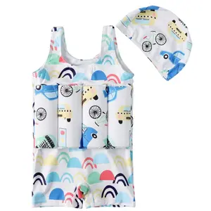 Children's floating swimsuit, full set of floating swimsuits for boys and girls, adjustable buoyancy and removable floating swimming vest, summer suit vacation beach sports swimsuit, full set of floating swimsuit vest with swimming cap