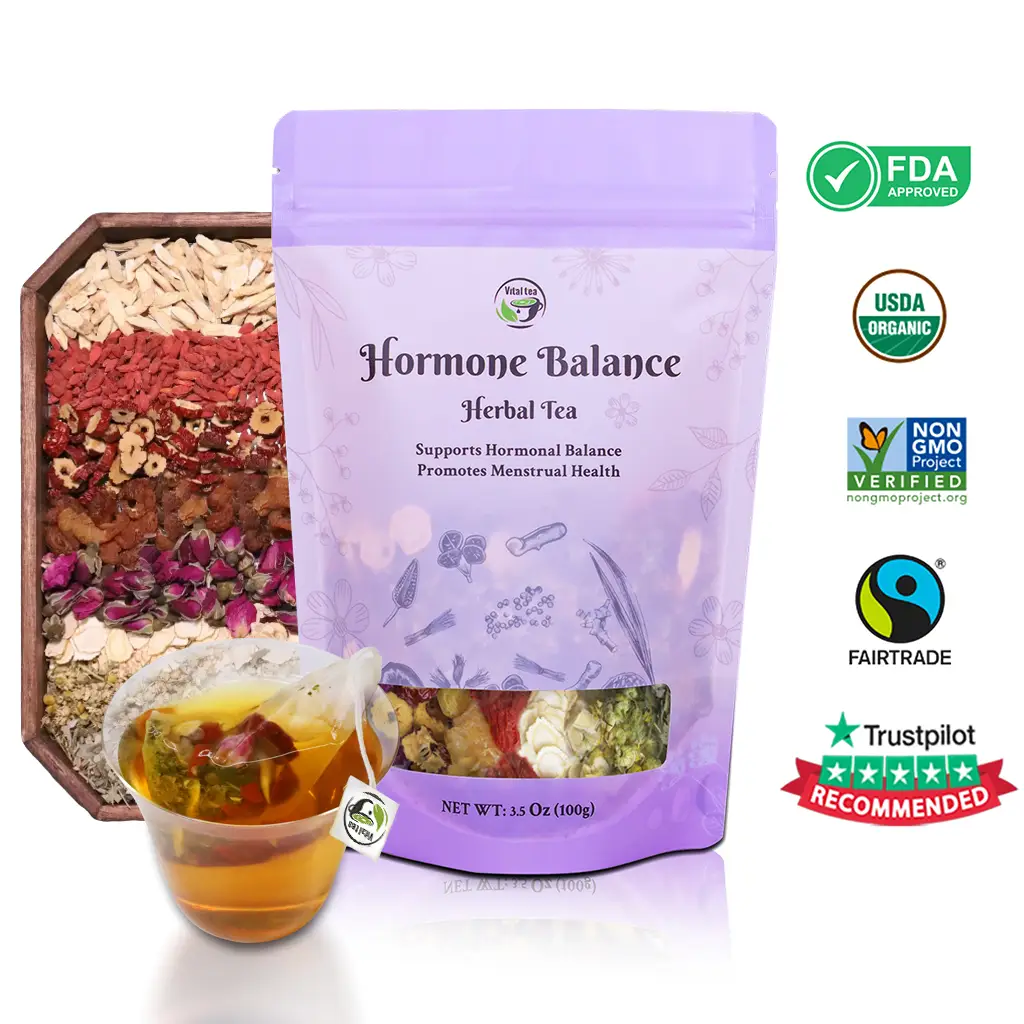Hormone Balance Tea with 8 Organic Herbal Ingredients - Support Women's Overall Reproductive Health (PCOS, PMS, Menstrual Cycle) Ginseng Beverage
