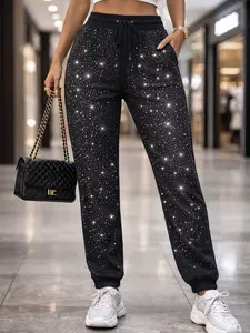 Sparkly Rhinestone Jogger Sweatpants for Women Hotfix Crystal Lounge Pants Comfortable Glitter Joggers Casual Streetwear All Seasons Unisex Design