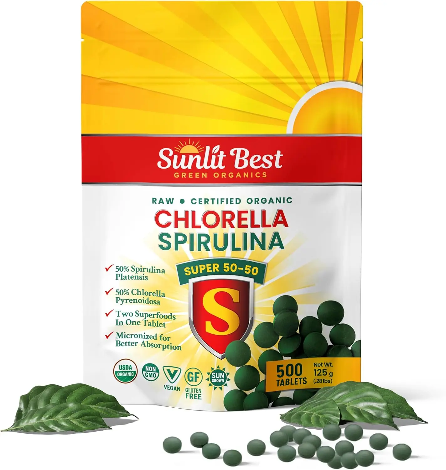 Sunlit Best Super 50/50 Organic Chlorella Spirulina 500 Tablets - Super Supplement for Immune Support, Gut Health, Mood & Energy - Rich in Chlorophyll, Amino Acids & Vegan Protein