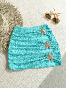 Summer Women's Fashion New Sequined Starfish Buckle Vacation Style Pleated Texture Elastic Waist A-Line Short Skirt, Casual Beach Holiday Wear, Womenswear Bottom