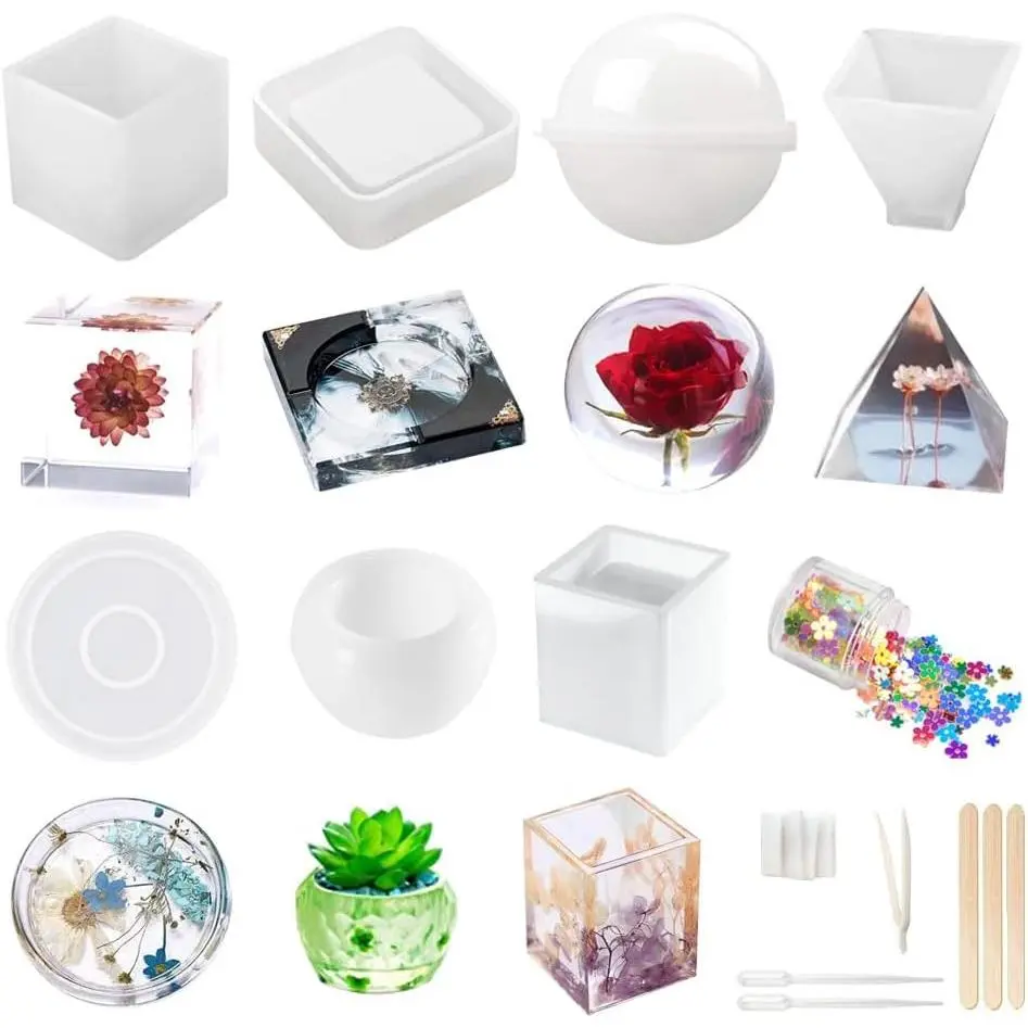 Reusable Silicone Resin Molds Complete Kit (20pcs) - Various Shapes: Sphere, Cube, Pyramid, Square, Round - Work Tools, Bonus Decorative Sequins for DIY Art, Coasters, Tools And Gadgets