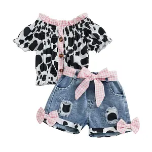 Western Toddler Girls Denim Outfits Ruffle Sleeveless Cow Print Shirt Button Down Tops Belted Wide Leg Jeans Shorts