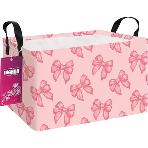 New Upgrade Rectangular Storage Basket Fabric Organizer Bin For car storage Toys,Books,Clothes,Gifts,Pets-Perfect for Home,Office,Nursery,Dorm,Shelf(Rec-Pink bowknots )