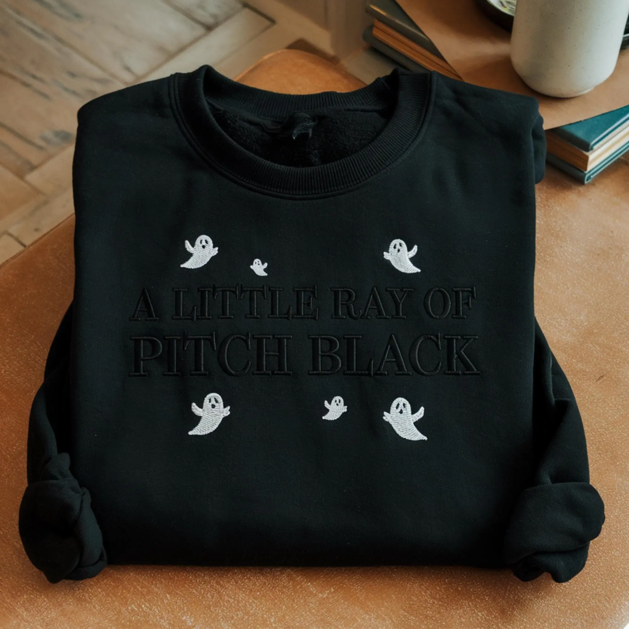 Women's Pullover Hoodie, Classic Fit Cotton Felt Top, Embroidered "Ray of Pitch Black Boo" Ghost - Funny Halloween Clothes, Style, Casual, Tops