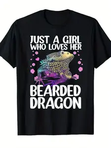 Men'S & Women'S Bearded Dragon Graphic T-Shirt - Funny "Just a Who Loves Her Bearded Dragon" Slogan, Retro Reptile Lover Tee with Bearded Dragon & Hearts Print, Casual Short Sleeve Round Neck Shirt for Casual Attire, All-Season Comfort Fit for Repti
