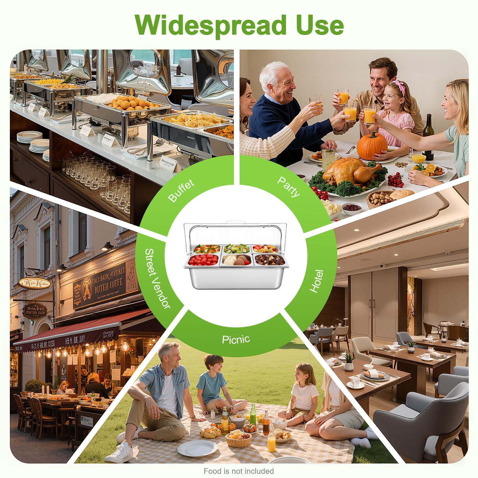 2 Pack 6 Compartment Food Serving Tray with Lid Spoons Tongs Ice Bags for Fruit Vegetable Snack Dessert Picnic Buffet Party