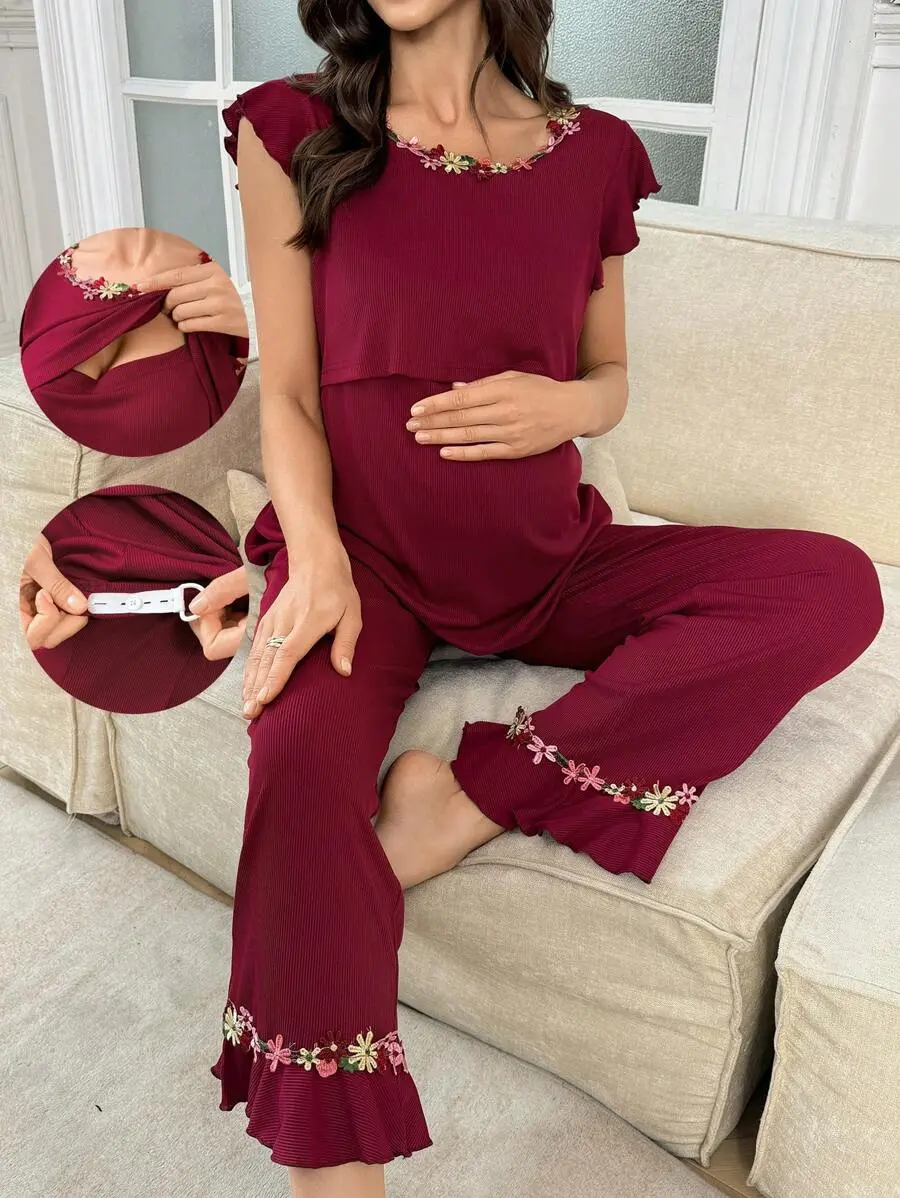 Maternity Floral Embroidered Decor Square Neck Cap Sleeve Tops & Pants Pajama Set, For Christmas