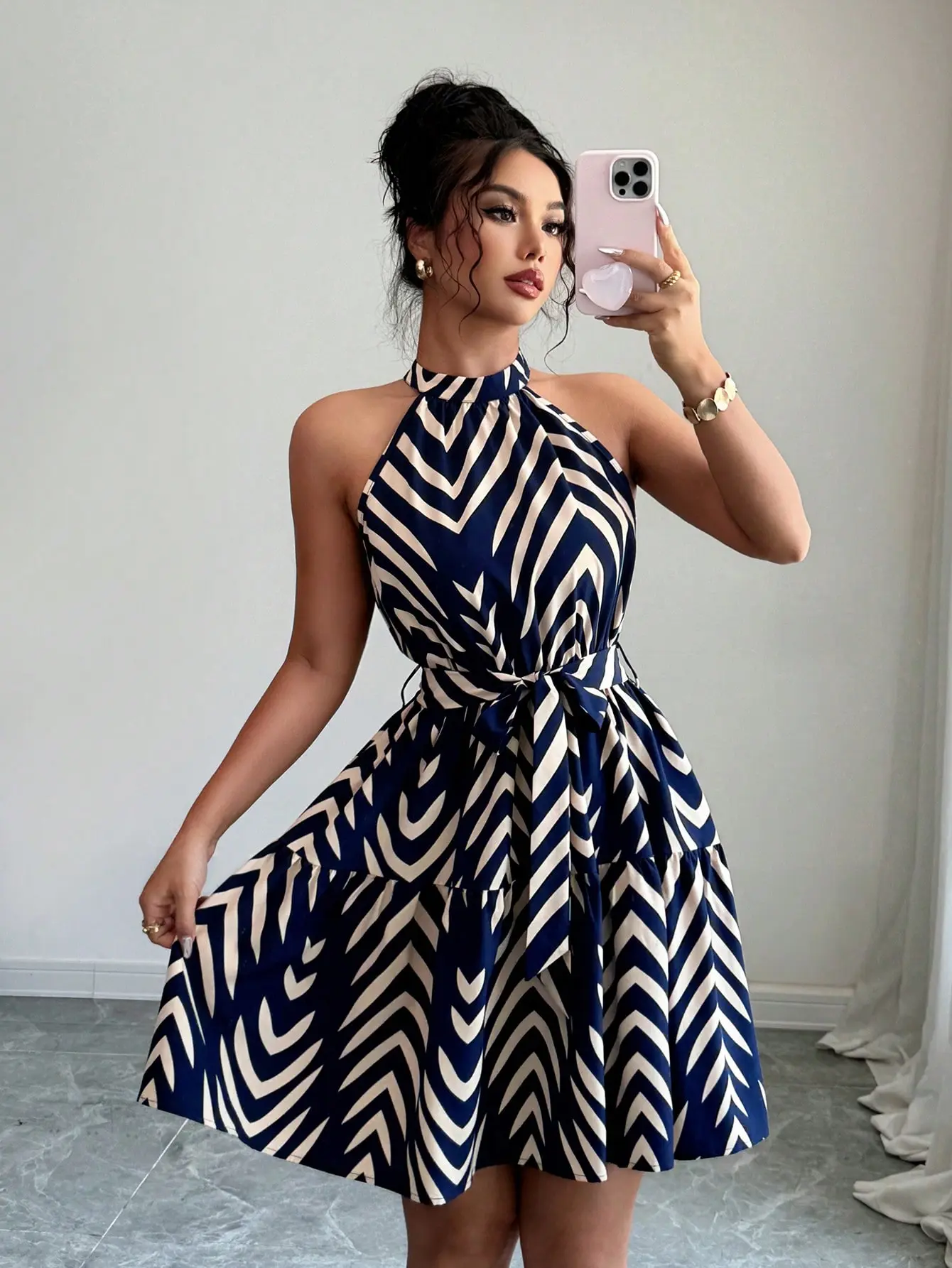 Women's Ruffle Halter Mini Dress Elegant Geo Print Belted Flowy Vacation Dresses